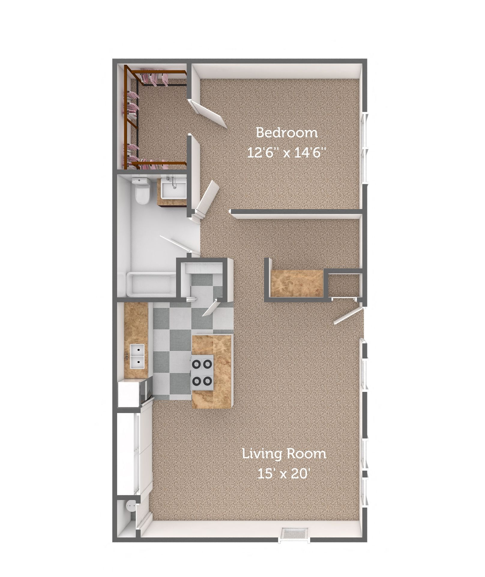 Floor plan for 1 bed, 1 bath, 888 sqft